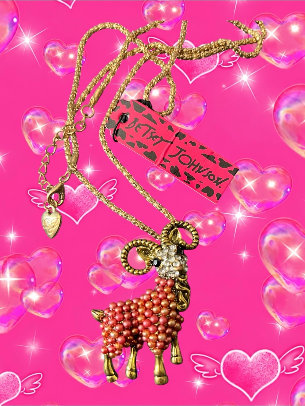 Betsey Johnson Gold-Tone Ram Pendant Necklace with Coral and Pink Beads